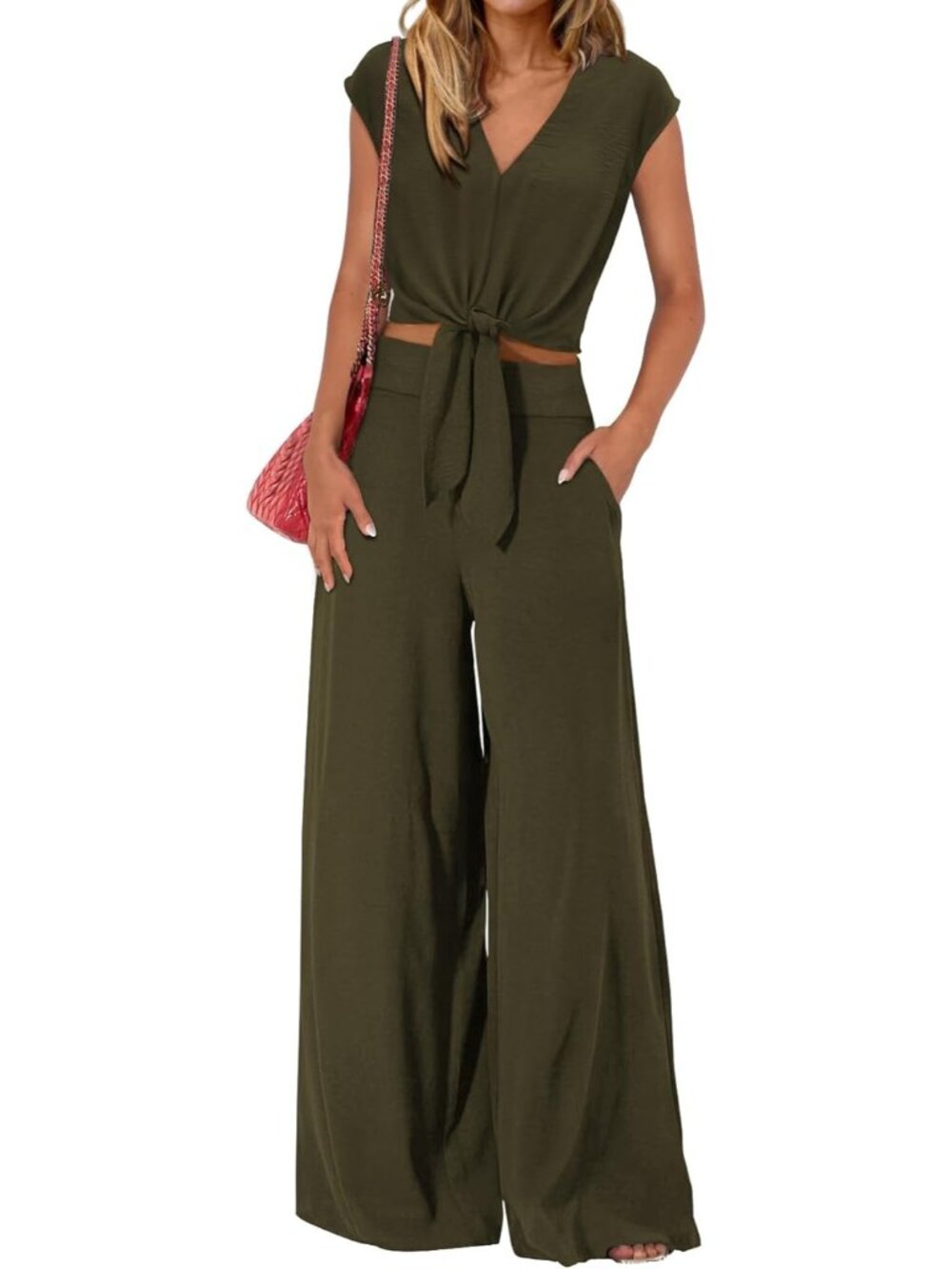 Women's Green Summer 2 Piece Outfits Cap Sleeve V Neck Belted Crop Tops